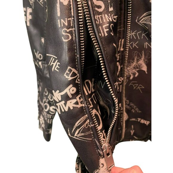 Rare ZARA Womens XL Black Faux Leather Graphic Graffiti Biker Jacket with Zipper - Picture 11 of 11